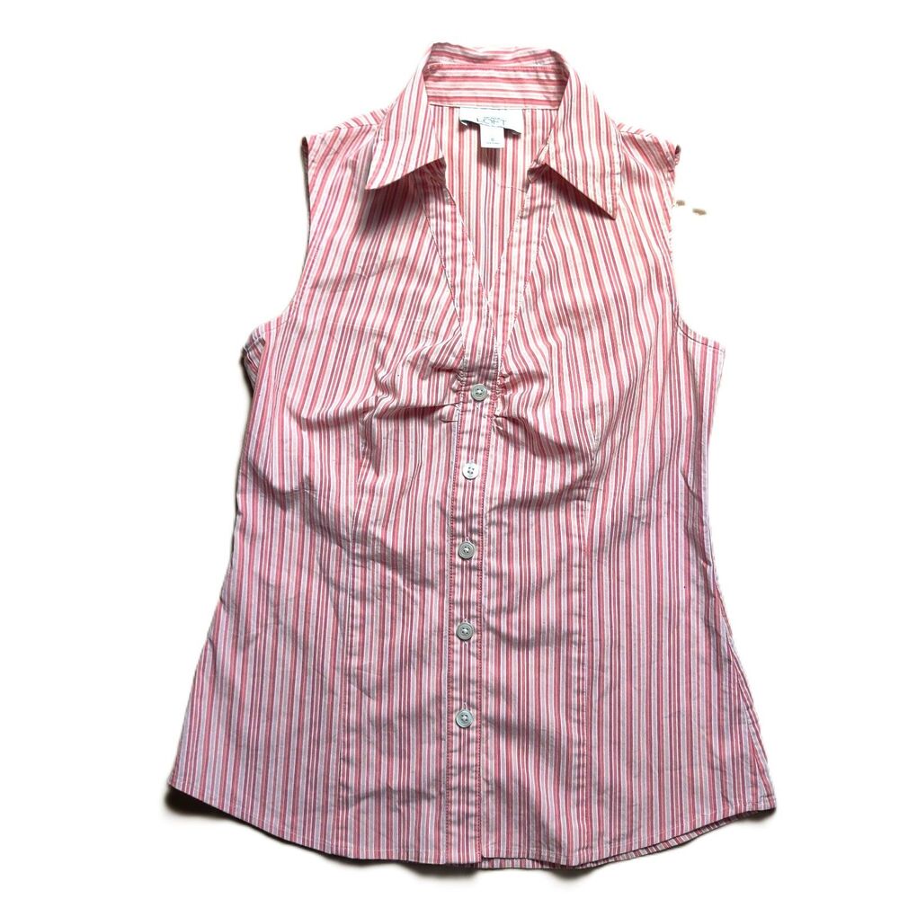 Ann Taylor LOFT Sleeveless Button Shirt Women Size 0 Pink Striped Stretch